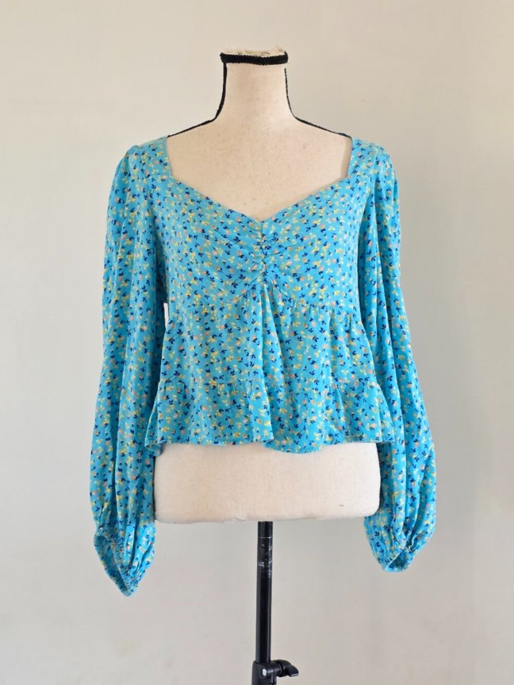 AFRM Soni Blue Ditsy Floral Ruched Balloon Sleeve Crop Top Blouse Size XL EUC